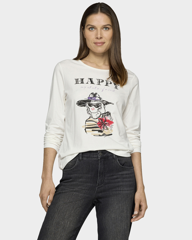 Трикотажный лонгслив с ярким принтом и стразами